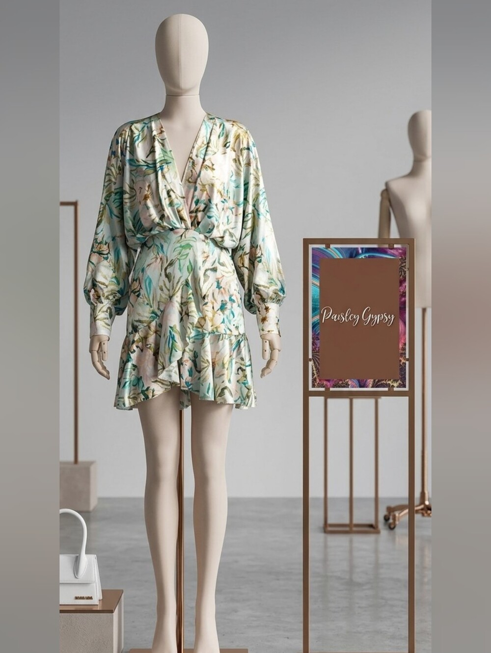 V NECK LANTERN SLEEVE HIGH FASHION FLORAL MINI DRESS - Picture 8 of 8